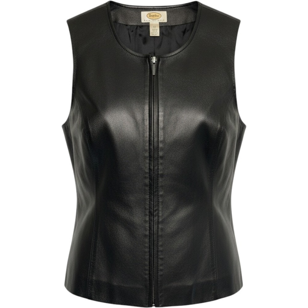 Talbots Petites Black Leather Vest Vintage 90s Mod Zip Front Sleeveless 14P